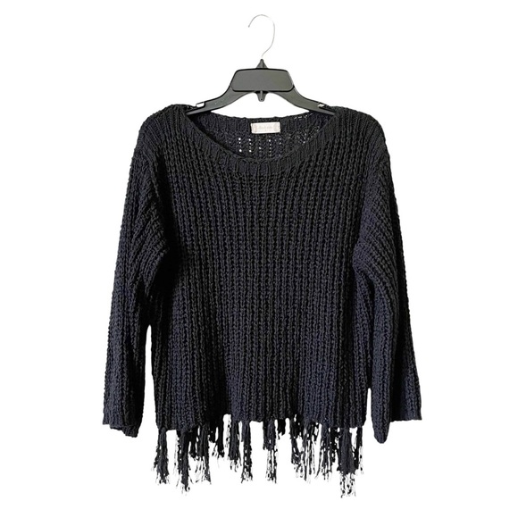 Altar'd State Fringe Hem Sweater Womens Size S Black Open Knit Boatneck Pullover - Picture 2 of 6